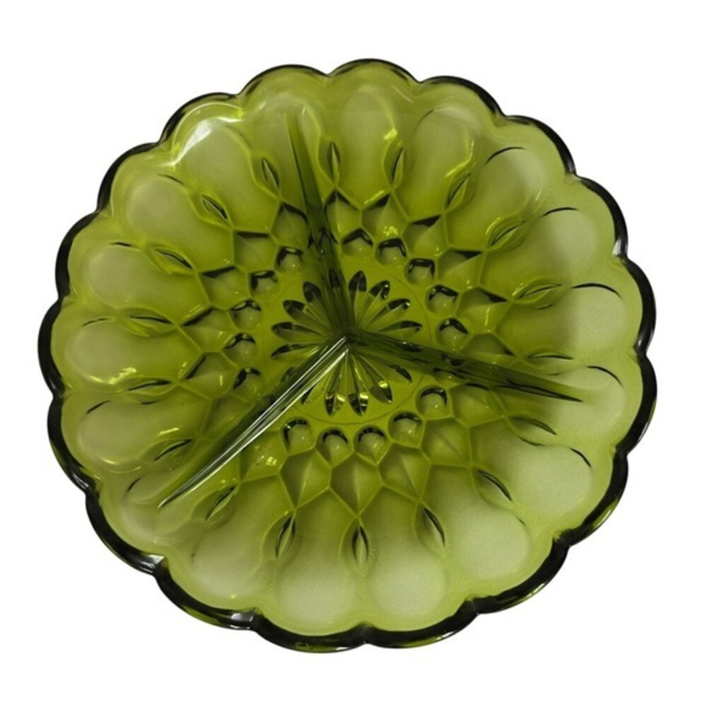 Vintage Anchor Hocking, green 3 section divided serving dish Fairfield‎ pattern